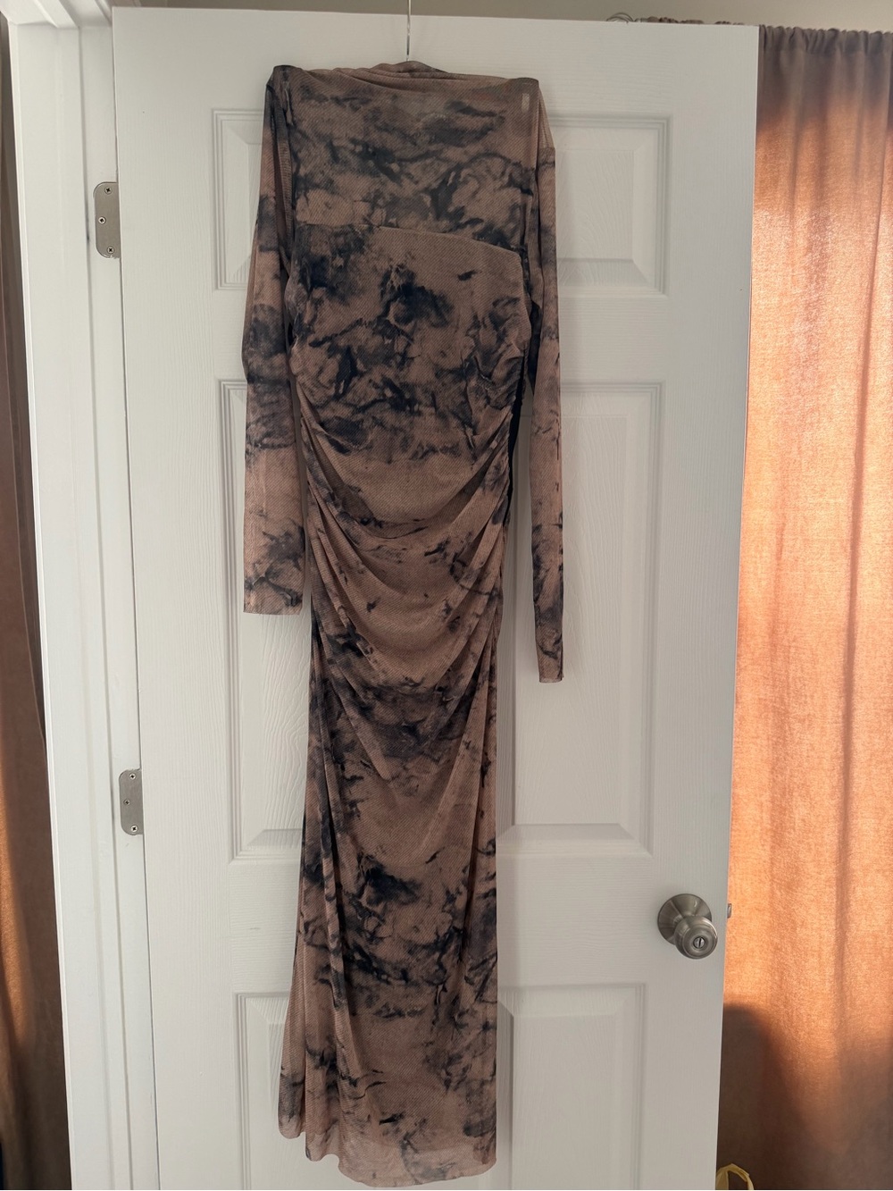 Ruched Long-Sleeve Zara Tie-Dye Maxi Dress in Brown and Black
